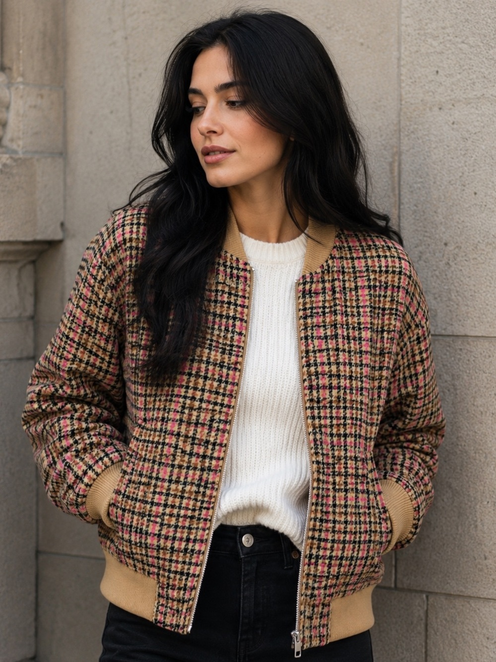 🔥NWT🔥 LOFT Plaid Bomber Jacket Wool Blend Pink Tan Houndstooth Zip Front - XS